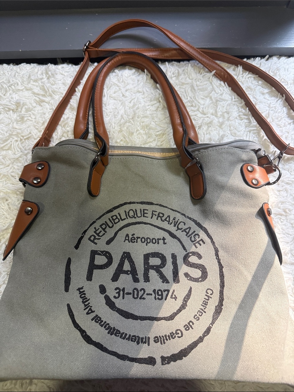 Paris Stamp Canvas Tote with Tan Leather Trim